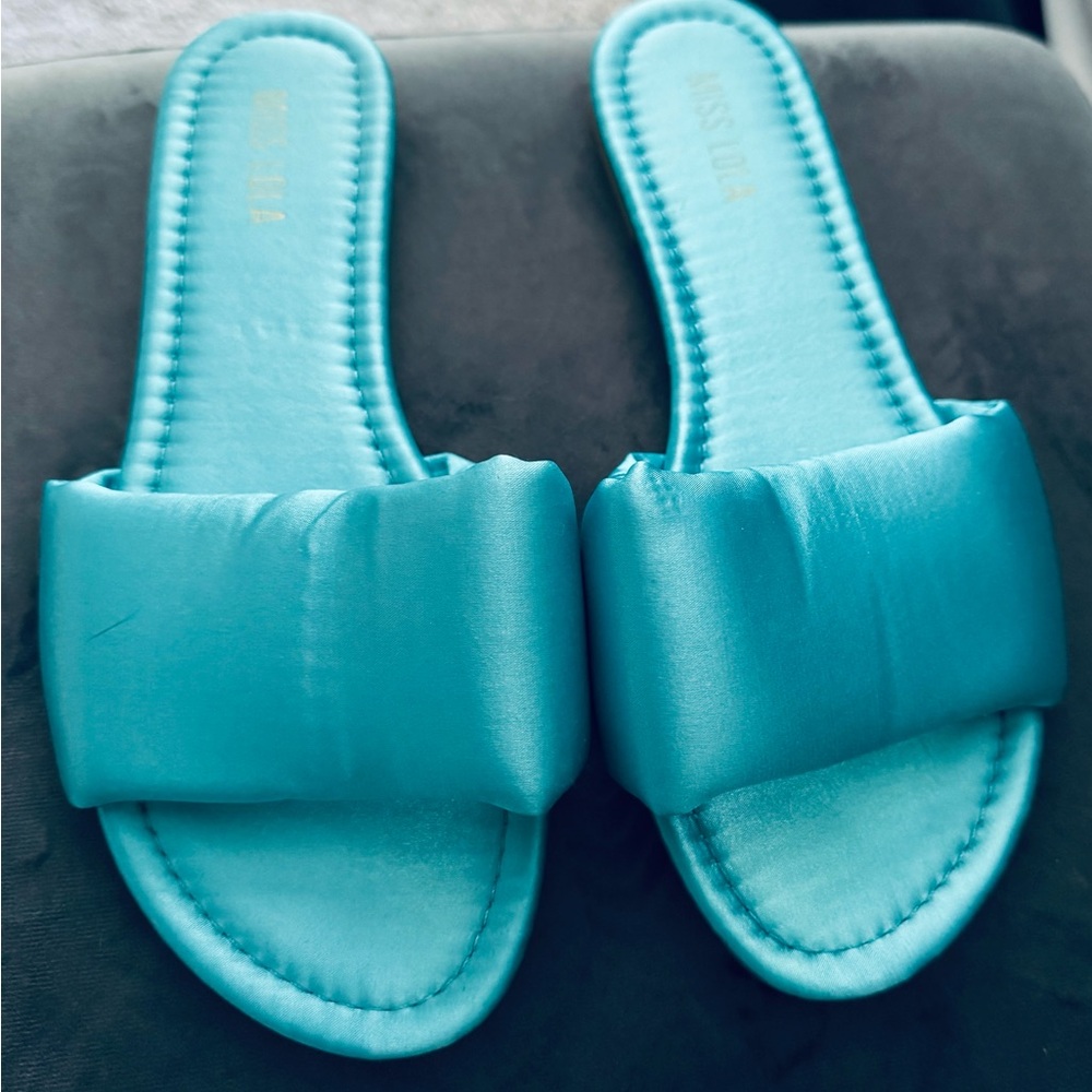 Miss Lola Turquoise Satin Padded Slides ✨